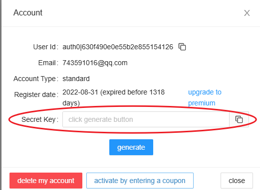 Click generate to create a Secret Key